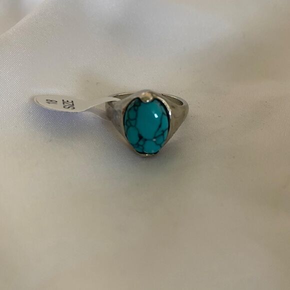 Boho Western Native Silver Toned Faux Turquoise Teal Blue Stone Ring Size 18 - Picture 1 of 3